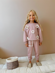 Floral Print 3-Thread Girls' Tracksuit - Sizes 3-10, Pink & Black