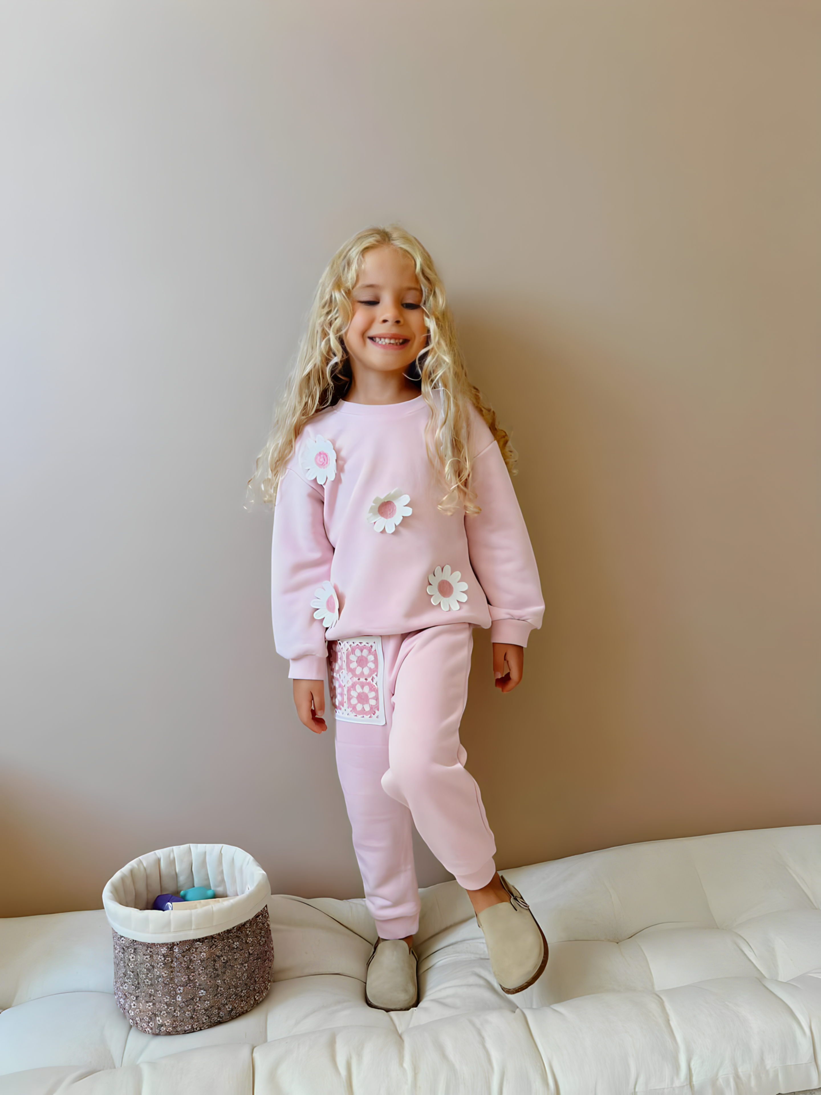 Floral Print 3-Thread Girls' Tracksuit - Sizes 3-10, Pink & Black