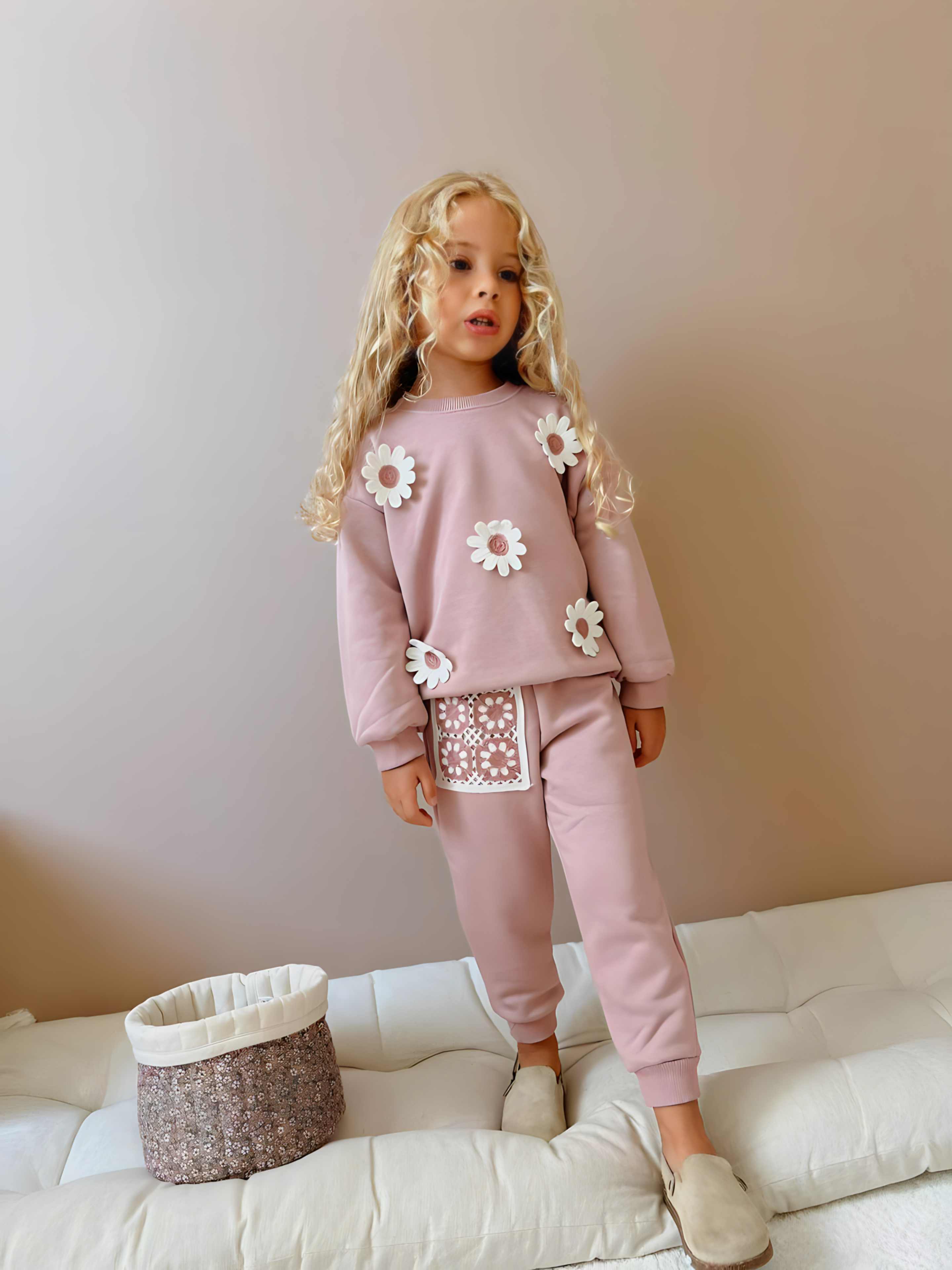 Floral Print 3-Thread Girls' Tracksuit - Sizes 3-10, Pink & Black