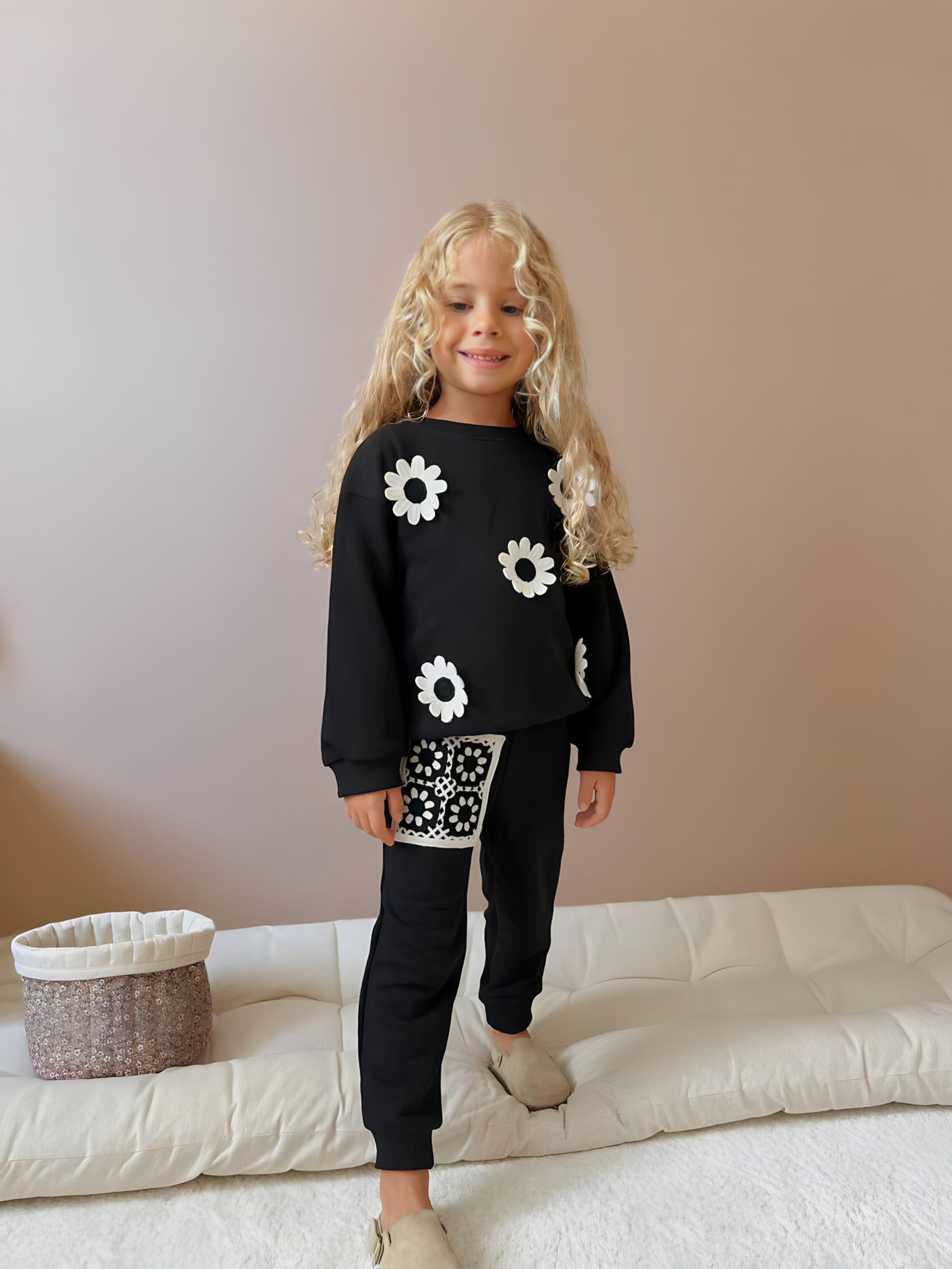 Floral Print 3-Thread Girls' Tracksuit - Sizes 3-10, Pink & Black